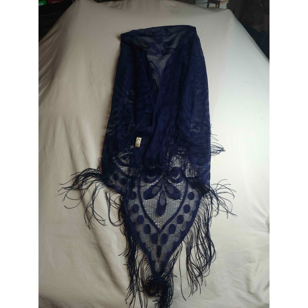 PA Paris Scarf Womens Blue Knit Lace Fringe Wrap Shawl Coquette One Size